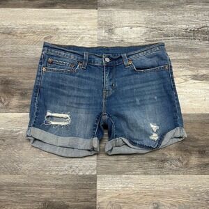 Levis Red Tab Mid Wash Blue Womens 28 Denim Jean‎ Shorts Distressed Rolled Cuff